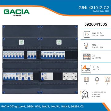 GACIA G64i-431012-C2, 3-fase groepenkast 63A met installatieautomaten, 12-groepen, 2V-contactdoos, details