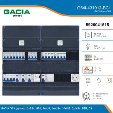 GACIA G64i-431012-BC1, 3-fase groepenkast 63A met installatieautomaten, 12-groepen, beltrafo, 1V-contactdoos, details