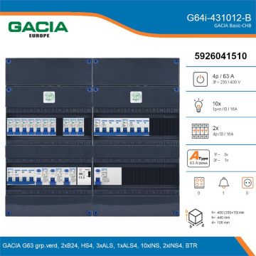 GACIA G64i-431012-B, 3-fase groepenkast 63A met installatieautomaten, 12-groepen, beltrafo, details