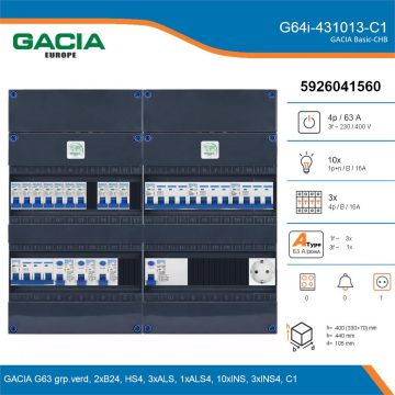 GACIA G64i-431013-C1, 3-fase groepenkast 63A met installatieautomaten, 13-groepen, 1V-contactdoos, details