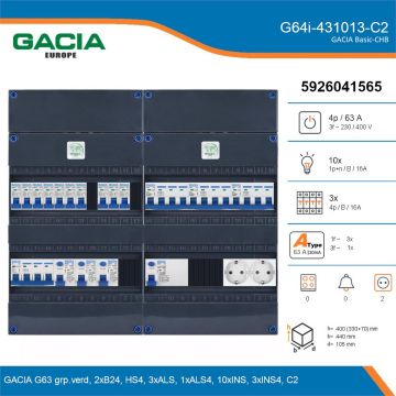 GACIA G64i-431013-C2, 3-fase groepenkast 63A met installatieautomaten, 13-groepen, 2V-contactdoos, details
