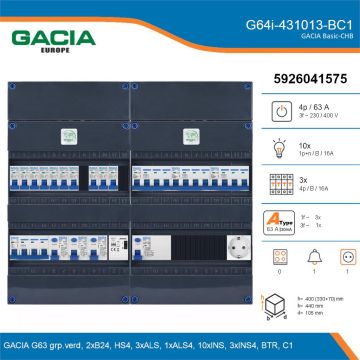 GACIA G64i-431013-BC1, 3-fase groepenkast 63A met installatieautomaten, 13-groepen, beltrafo, 1V-contactdoos, details