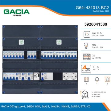 GACIA G64i-431013-BC2, 3-fase groepenkast 63A met installatieautomaten, 13-groepen, beltrafo, 2V-contactdoos, details