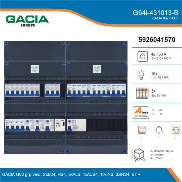 GACIA G64i-431013-B, 3-fase groepenkast 63A met installatieautomaten, 13-groepen, beltrafo, details