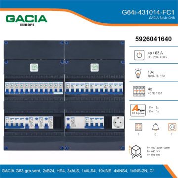 GACIA G64i-431014-FC1, 3-fase groepenkast 63A met installatieautomaten, 15-groepen, fornuisgroep, 1V-contactdoos, details