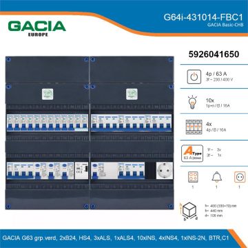 GACIA G64i-431014-FBC1, 3-fase groepenkast 63A met installatieautomaten, 15-groepen, fornuisgroep, beltrafo, 1V-contactdoos, details