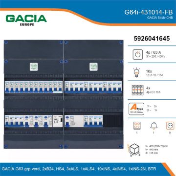 GACIA G64i-431014-FB, 3-fase groepenkast 63A met installatieautomaten, 15-groepen, fornuisgroep, beltrafo, details