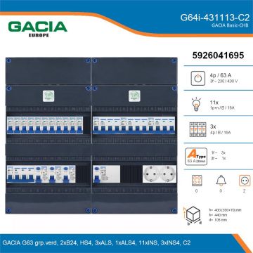 GACIA G64i-431113-C2, 3-fase groepenkast 63A met installatieautomaten, 14-groepen, 2V-contactdoos, details