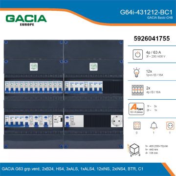 GACIA G64i-431212-BC1, 3-fase groepenkast 63A met installatieautomaten, 14-groepen, beltrafo, 1V-contactdoos, details