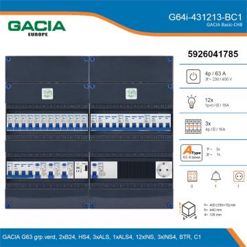 GACIA G64i-431213-BC1, 3-fase groepenkast 63A met installatieautomaten, 15-groepen, beltrafo, 1V-contactdoos, details