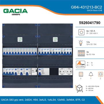 GACIA G64i-431213-BC2, 3-fase groepenkast 63A met installatieautomaten, 15-groepen, beltrafo, 2V-contactdoos, details