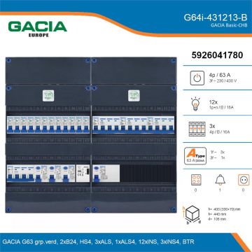 GACIA G64i-431213-B, 3-fase groepenkast 63A met installatieautomaten, 15-groepen, beltrafo, details