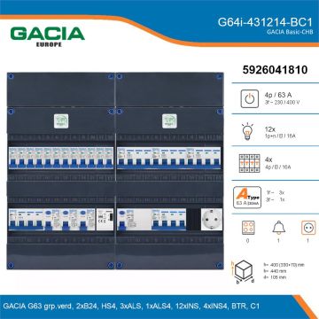 GACIA G64i-431214-BC1, 3-fase groepenkast 63A met installatieautomaten, 16-groepen, beltrafo, 1V-contactdoos, details