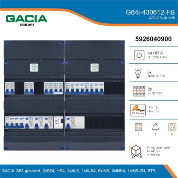 GACIA G64i-430612-FB, 3-fase groepenkast 63A met installatieautomaten, 9-groepen, fornuisgroep, beltrafo, details
