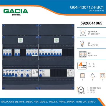GACIA G64i-430712-FBC1, 3-fase groepenkast 63A met installatieautomaten, 10-groepen, fornuisgroep, beltrafo, 1V-contactdoos, details