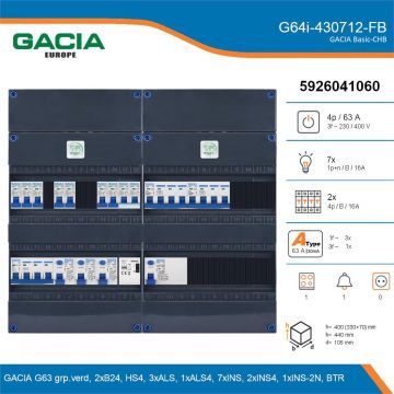 GACIA G64i-430712-FB, 3-fase groepenkast 63A met installatieautomaten, 10-groepen, fornuisgroep, beltrafo, details