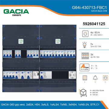 GACIA G64i-430713-FBC1, 3-fase groepenkast 63A met installatieautomaten, 11-groepen, fornuisgroep, beltrafo, 1V-contactdoos, details