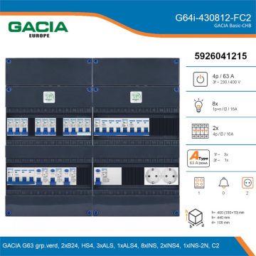 GACIA G64i-430812-FC2, 3-fase groepenkast 63A met installatieautomaten, 11-groepen, fornuisgroep, 2V-contactdoos, details