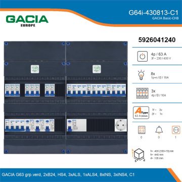 GACIA G64i-430813-C1, 3-fase groepenkast 63A met installatieautomaten, 11-groepen, 1V-contactdoos, details