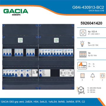 GACIA G64i-430913-BC2, 3-fase groepenkast 63A met installatieautomaten, 12-groepen, beltrafo, 2V-contactdoos, details