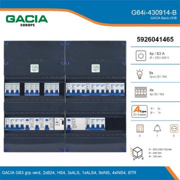 GACIA G64i-430914-B, 3-fase groepenkast 63A met installatieautomaten, 13-groepen, beltrafo, details