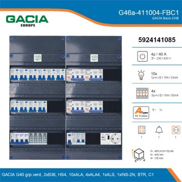 GACIA G46a-411004-FBC1, 3-fase groepenkast 40A met aardlekautomaten, 15-groepen, fornuisgroep, beltrafo, 1V-contactdoos, details