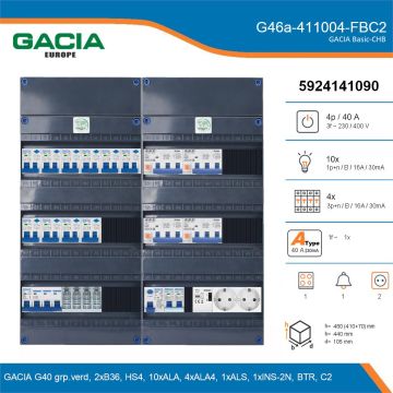 GACIA G46a-411004-FBC2, 3-fase groepenkast 40A met aardlekautomaten, 15-groepen, fornuisgroep, beltrafo, 2V-contactdoos, details