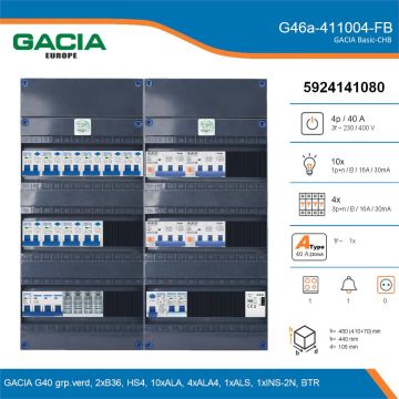 GACIA G46a-411004-FB, 3-fase groepenkast 40A met aardlekautomaten, 15-groepen, fornuisgroep, beltrafo, details