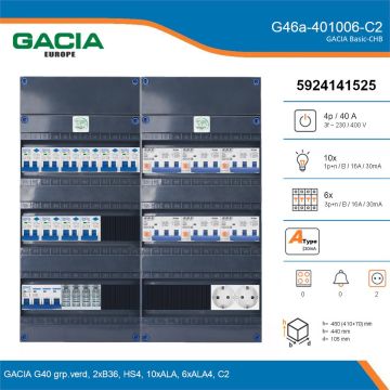 GACIA G46a-401006-C2, 3-fase groepenkast 40A met aardlekautomaten, 16-groepen, 2V-contactdoos, details