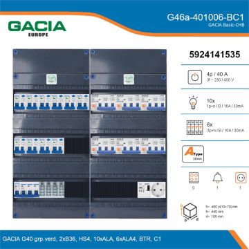GACIA G46a-401006-BC1, 3-fase groepenkast 40A met aardlekautomaten, 16-groepen, beltrafo, 1V-contactdoos, details
