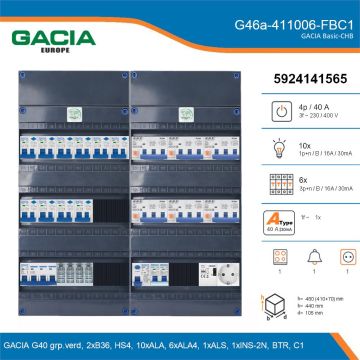 GACIA G46a-411006-FBC1, 3-fase groepenkast 40A met aardlekautomaten, 17-groepen, fornuisgroep, beltrafo, 1V-contactdoos, details