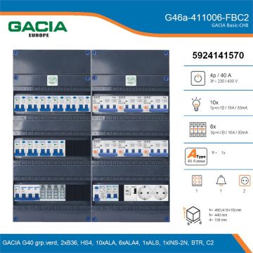 GACIA G46a-411006-FBC2, 3-fase groepenkast 40A met aardlekautomaten, 17-groepen, fornuisgroep, beltrafo, 2V-contactdoos, details