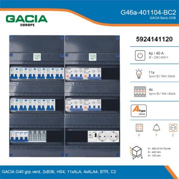 GACIA G46a-401104-BC2, 3-fase groepenkast 40A met aardlekautomaten, 15-groepen, beltrafo, 2V-contactdoos, details