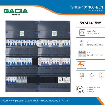 GACIA G46a-401106-BC1, 3-fase groepenkast 40A met aardlekautomaten, 17-groepen, beltrafo, 1V-contactdoos, details