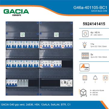 GACIA G46a-401105-BC1, 3-fase groepenkast 40A met aardlekautomaten, 16-groepen, beltrafo, 1V-contactdoos, details