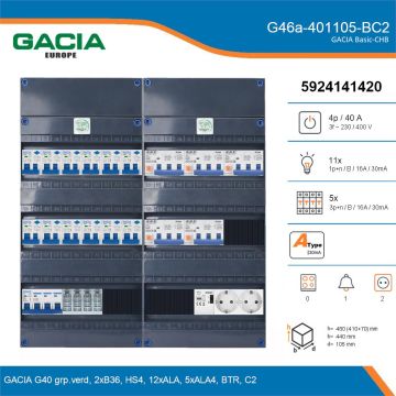 GACIA G46a-401105-BC2, 3-fase groepenkast 40A met aardlekautomaten, 16-groepen, beltrafo, 2V-contactdoos, details