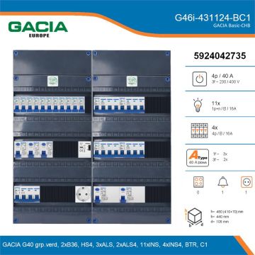 GACIA G46i-431124-BC1, 3-fase groepenkast 40A met installatieautomaten, 15-groepen, beltrafo, 1V-contactdoos, details