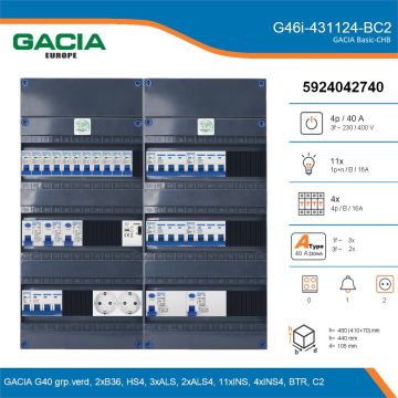 GACIA G46i-431124-BC2, 3-fase groepenkast 40A met installatieautomaten, 15-groepen, beltrafo, 2V-contactdoos, details