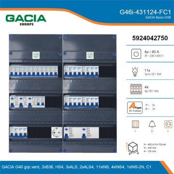 GACIA G46i-431124-FC1, 3-fase groepenkast 40A met installatieautomaten, 16-groepen, fornuisgroep, 1V-contactdoos, details