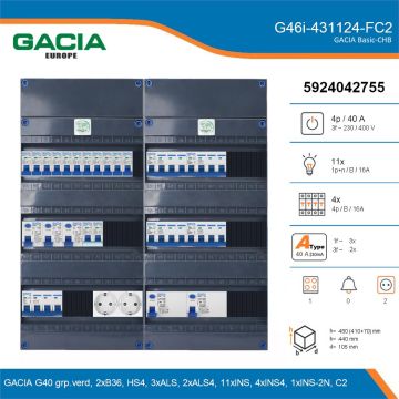 GACIA G46i-431124-FC2, 3-fase groepenkast 40A met installatieautomaten, 16-groepen, fornuisgroep, 2V-contactdoos, details