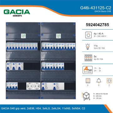 GACIA G46i-431125-C2, 3-fase groepenkast 40A met installatieautomaten, 16-groepen, 2V-contactdoos, details