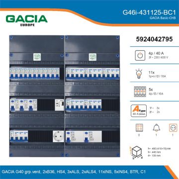 GACIA G46i-431125-BC1, 3-fase groepenkast 40A met installatieautomaten, 16-groepen, beltrafo, 1V-contactdoos, details
