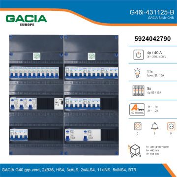 GACIA G46i-431125-B, 3-fase groepenkast 40A met installatieautomaten, 16-groepen, beltrafo, details