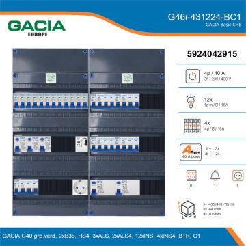 GACIA G46i-431224-BC1, 3-fase groepenkast 40A met installatieautomaten, 16-groepen, beltrafo, 1V-contactdoos, details