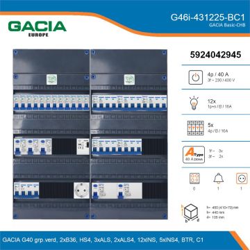 GACIA G46i-431225-BC1, 3-fase groepenkast 40A met installatieautomaten, 17-groepen, beltrafo, 1V-contactdoos, details