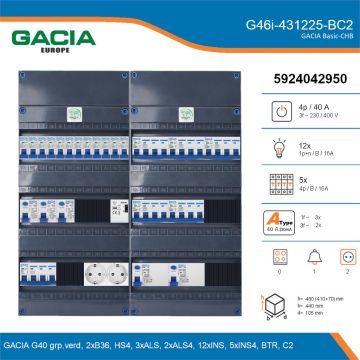 GACIA G46i-431225-BC2, 3-fase groepenkast 40A met installatieautomaten, 17-groepen, beltrafo, 2V-contactdoos, details