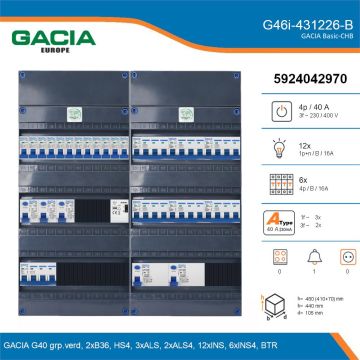 GACIA G46i-431226-B, 3-fase groepenkast 40A met installatieautomaten, 18-groepen, beltrafo, details