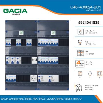 GACIA G46i-430624-BC1, 3-fase groepenkast 40A met installatieautomaten, 10-groepen, beltrafo, 1V-contactdoos, details