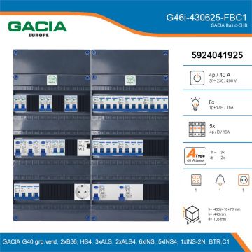 GACIA G46i-430625-FBC1, 3-fase groepenkast 40A met installatieautomaten, 12-groepen, fornuisgroep, beltrafo, 1V-contactdoos, details