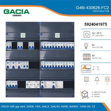 GACIA G46i-430626-FC2, 3-fase groepenkast 40A met installatieautomaten, 13-groepen, fornuisgroep, 2V-contactdoos, details